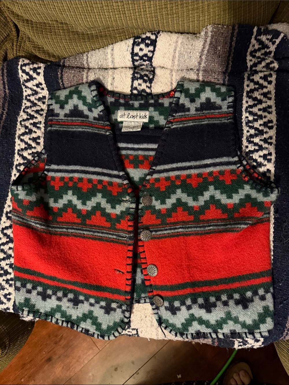 Red & Green Patterned 60% wool Vest for Kids